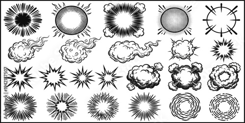 Vintage Comic Explosion and Smoke Burst Collection with Retro Sunburst and Cloud Effects Vector Illustration Set