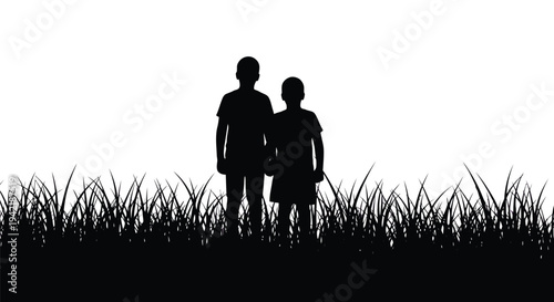 Children's silhouettes stand side-by-side in tall grass against a clean, bright white.