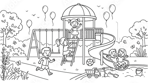 Children playing on playground slide swing and sandbox summer day