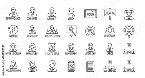 A collection of business and leadership icons in a minimalist line art style