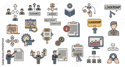 A vector graphic illustration of business leadership and guidance concepts