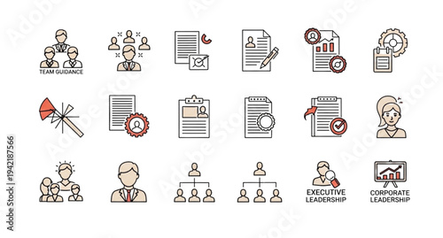 A collection of business and leadership icons in a flat, minimalist design style