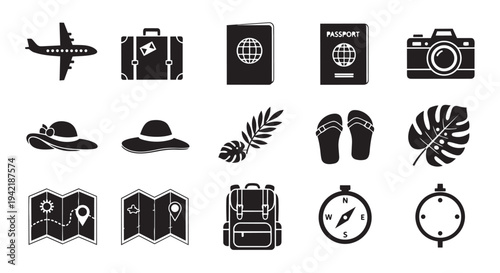 Travel icon set including airplane luggage camera and tropical elements for tourism and adventure designs