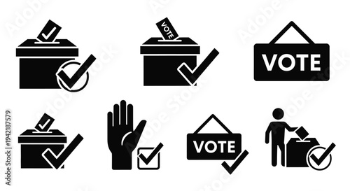 Voter symbols show ballot boxes, raised hands, and signs indicating democratic.