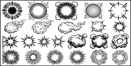 Vintage Comic Explosion and Smoke Effect Collection with Retro Sunburst Starburst and Cloud Burst Vector Illustration Set