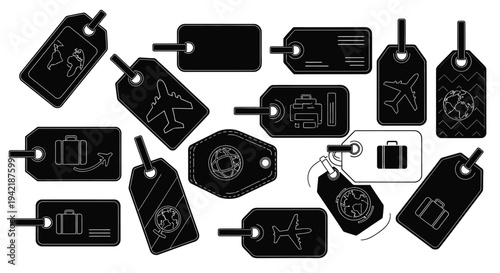 Collection of various luggage tags featuring airplane and globe graphics for travel.
