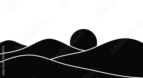 Minimalist black landscape shows rolling hills silhouetted against a bright sun.