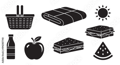 Collection of picnic food and accessories icons in black and white design for summer outdoors