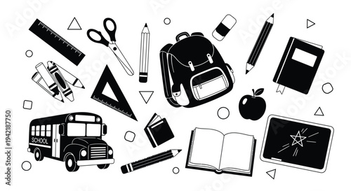 Black and white illustrations depict essential school supplies scattered across a.