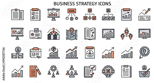 A collection of business strategy icons in a flat, minimal design style, featuring various symbols for planning, analysis, and goal setting.