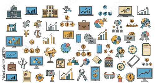 A collection of business and finance icons in a flat, minimal design style, featuring various symbols and graphics related to money, technology, and commerce.