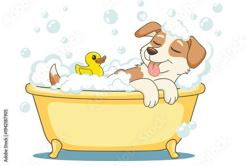 Cute cartoon dog taking a bubble bath in a blue bathtub with soap foam and rubber duck