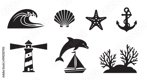 Collection of black and white ocean icons featuring marine life and nautical symbols together