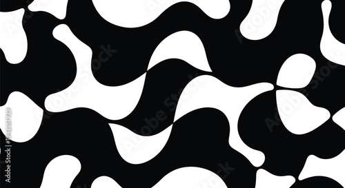Abstract black and white pattern features interlocking curved shapes forming a flowing.
