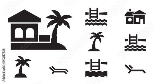 Collection of tropical vacation icons including beaches palm trees and summer elements designs