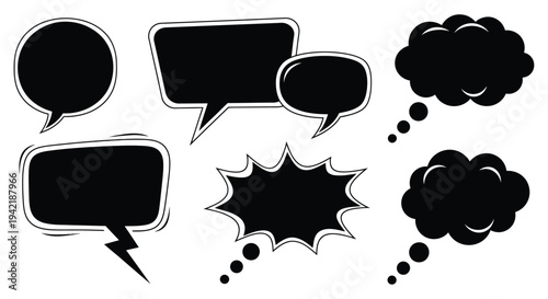 Collection of various black speech and thought bubbles displays different stylistic.