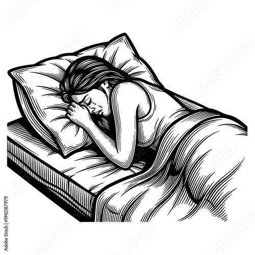 Black and white illustration of a woman peacefully sleeping in a bed, enveloped in blankets with her head resting on a pillow