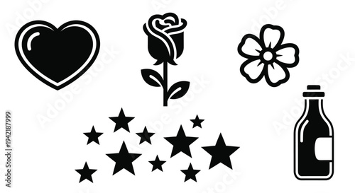 Assorted love and nature icons feature a heart, rose, flower, stars, and bottle.
