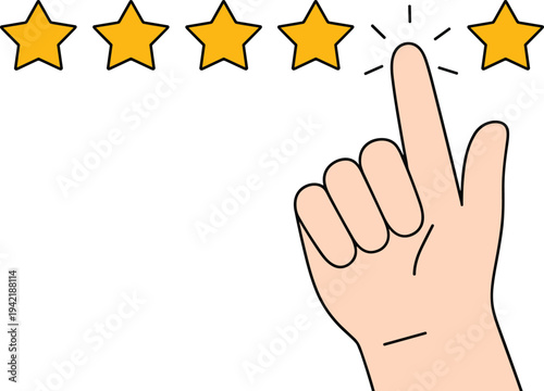 Hand Pointing to Fifth Gold Star for Five Star Rating, Concept of Excellent Customer Service, Premium Quality Feedback, Top Business Reputation, and Successful User Experience Vector Illustration