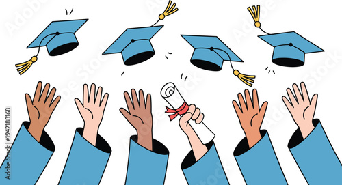 Hands Throwing Graduation Caps in the Air and Holding Diploma, Concept of University Graduation Ceremony, Academic Celebration, Successful Higher Future Career Beginning Vector Illustration