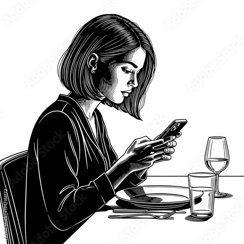 A thoughtful young woman engrossed in her smartphone at a dining table, with a plate and glass before her, in a black and white illustration