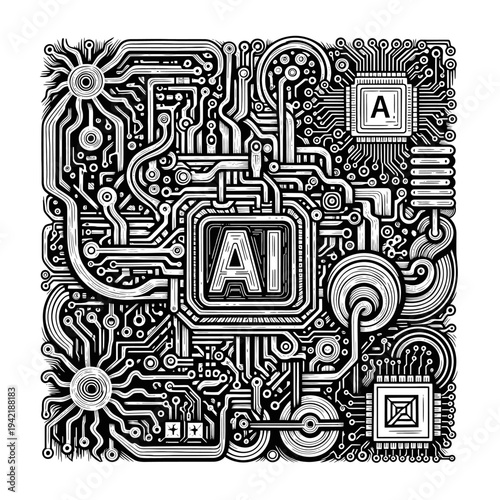 Intricate AI circuit board design, a visual representation of artificial intelligence with detailed pathways and integrated processors