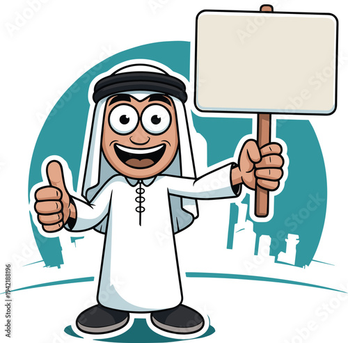 Happy Arab Businessman Cartoon Character Holding Blank Signboard and Giving Thumbs Up