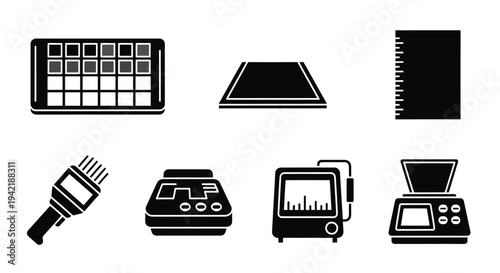 Scientific laboratory equipment set includes analyzer, scale, and fiber optic cable.