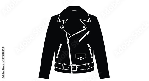 Black leather biker jacket features silver zippers and adjustable belted waist detail.