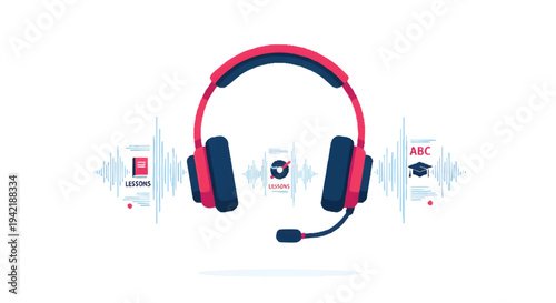 Headphones with sound waves and audio icons, music listening concept