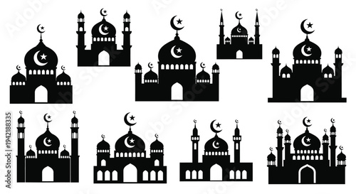 Collection of various simplified black silhouette mosque buildings featuring crescent.