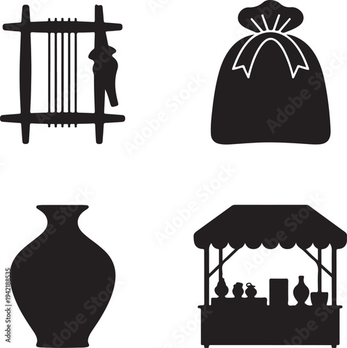 Four black silhouette of traditional and market stall