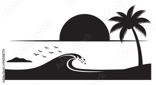 Tropical beach scene with palm tree, ocean wave, and seagulls in graphic illustration style