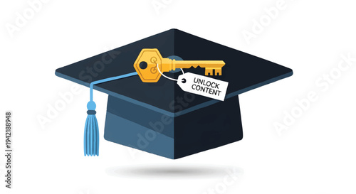 Graduation cap with key unlocking knowledge concept