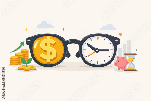 Time is Money Concept Vector Illustration with Glasses Showing Dollar Coin and Clock Face for Investment, Pension Fund, Long Term Saving, Financial Planning, Wealth Growth and Profit Strategy.