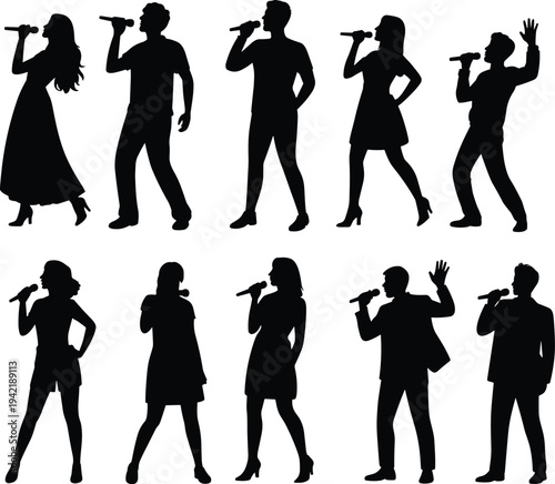 Professional Vector Silhouettes of Male and Female Singers Performing with Microphones in Diverse Poses for Music Concert and Karaoke Posters.