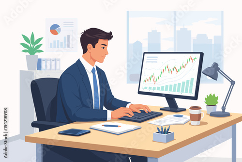 Vector illustration of a professional businessman or stock market trader sitting at his office desk, working on a computer analyzing financial candlestick charts and data for investment growth.
