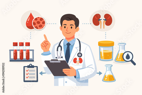 Male Doctor Urologist Explaining Medical Tests for Kidney Disease Diagnosis with Blood Sample Tubes, Urine Analysis Jars, Renal Anatomy, and Health Checklist, Flat Vector Illustration Design.