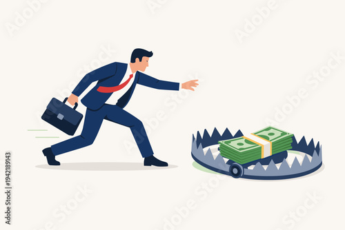 Businessman in a Suit Reaching for a Stack of Money Placed Inside a Dangerous Bear Trap, Concept of Financial Risk, Greed, Business Scam, Debt, and Investment Bait, Flat Vector Illustration.