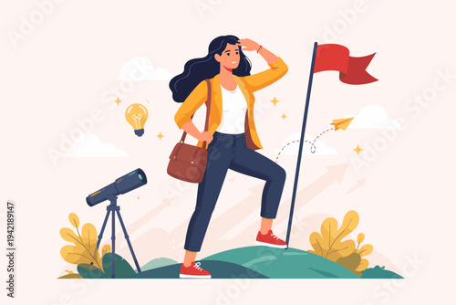 Brave Woman Standing on a Hill Looking for New Opportunities and Career Growth, Business Vision and Leadership Concept with Telescope, Lightbulb, and Red Flag, Flat Vector Illustration Design