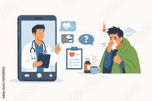 Doctor providing medical advice to a sick patient via smartphone app, telemedicine concept for digital healthcare and virtual consultation for flu symptoms, remote diagnosis and online medical