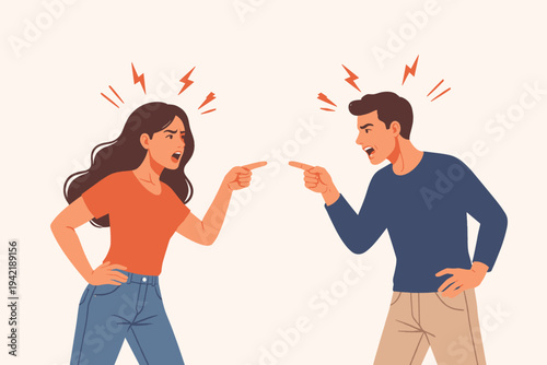 Vector illustration of a man and woman in a heated argument, pointing fingers and blaming each other. Angry couple fighting, shouting, and expressing frustration during a relationship conflict.