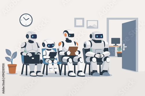 Robots sitting in a waiting room for a job interview, symbolizing artificial intelligence automation and the future of work where AI replaces human labor in an office, flat vector illustration.