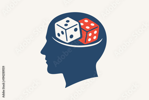 Flat Vector Illustration of a Human Head Silhouette with Two Dice Inside the Brain Representing Gambling Addiction, Risk Taking, Decision Making, Chance, Luck, and Mental Health Psychology
