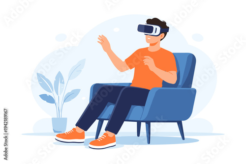 Young man sitting in a blue armchair wearing a virtual reality headset and orange t-shirt, gesturing with hands while experiencing immersive 3D gaming or digital simulation, flat vector design.