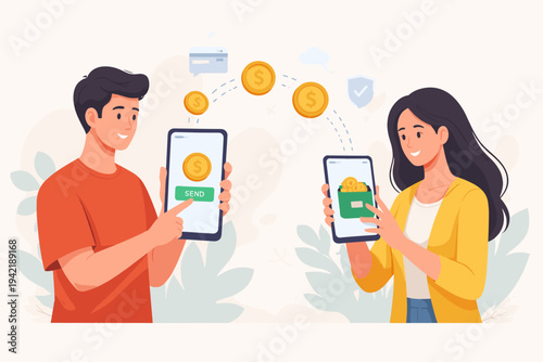 Man Sending Money Online to a Woman via Smartphone App Illustration, Mobile Payment, Digital Wallet, Peer-to-Peer Transaction Concept, Financial Technology, Secure Online Banking and Cash Transfer
