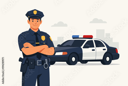 Professional Male Police Officer in Dark Blue Uniform and Cap Standing Confidently with Crossed Arms Near a Police Cruiser, Flat Vector Illustration for Law Enforcement and Public Safety.