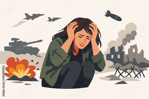 Vector Illustration of a Stressed and Anxious Woman Crouching in a War Zone with Fighter Jets, Bombs, Tanks, and Destroyed Buildings, Depicting Trauma, Fear, and the Impact of Armed Conflict.