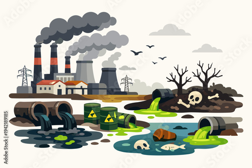 Industrial factory polluting environment with toxic waste, smoke from chimneys, and chemical discharge into water. Flat vector illustration of ecological disaster, air and water pollution.