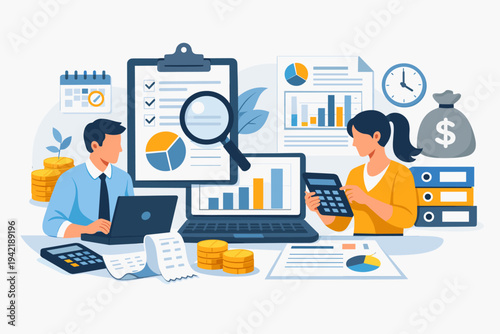Professional accountants conducting a financial audit and assisting in tax preparation with charts, graphs, calculators, and laptops for business data analysis and bookkeeping services.